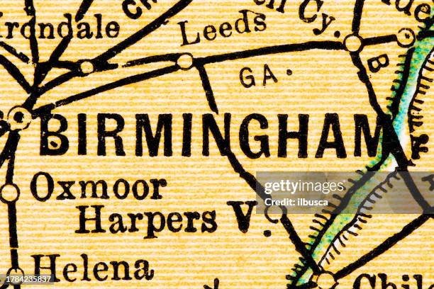 us city names, extreme close up on antique map: birmingham, alabama - birmingham alabama stock illustrations