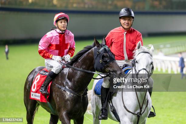 Jockey Derek Leung Ka-chun riding Lean Hero wins the Race 7 Repulse Bay Handicap at Happy Valley Racecourse on November 8, 2023 in Hong Kong.