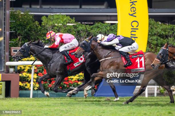 Jockey Derek Leung Ka-chun riding Lean Hero wins the Race 7 Repulse Bay Handicap at Happy Valley Racecourse on November 8, 2023 in Hong Kong.