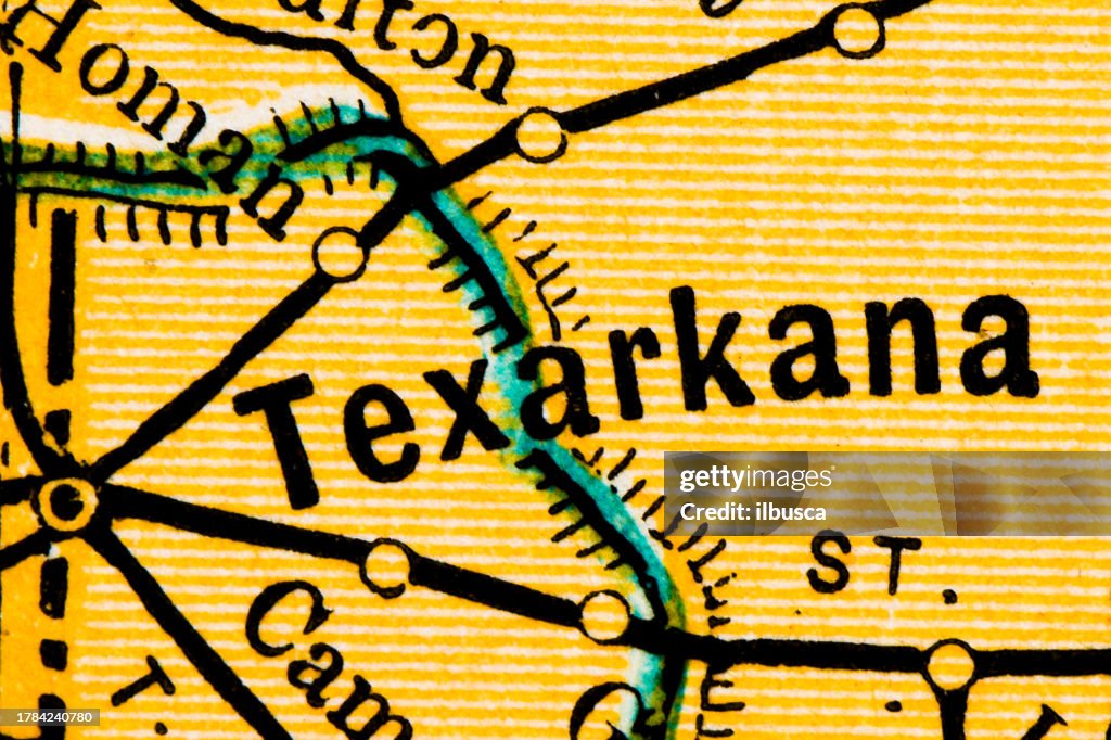US City names, extreme close up on antique map: Texarkana, Arkansas
