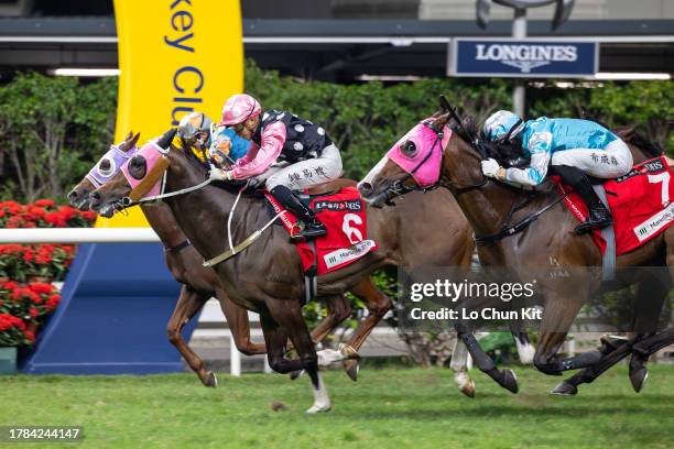 Jockey Angus Chung Yik-lai riding Beauty Glory wins the Race 8 Shek O Handicap at Happy Valley Racecourse on November 8, 2023 in Hong Kong.