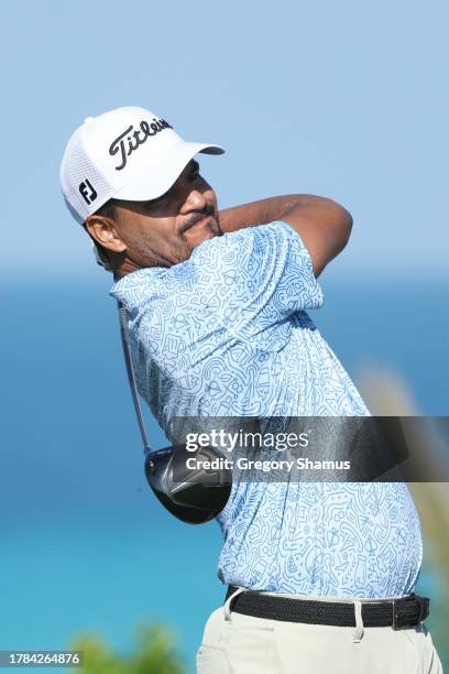 Fabian Gomez of Argentina hits a tee shot on the ninth hole during the first round of the Butterfield Bermuda Championship at Port Royal Golf Course...