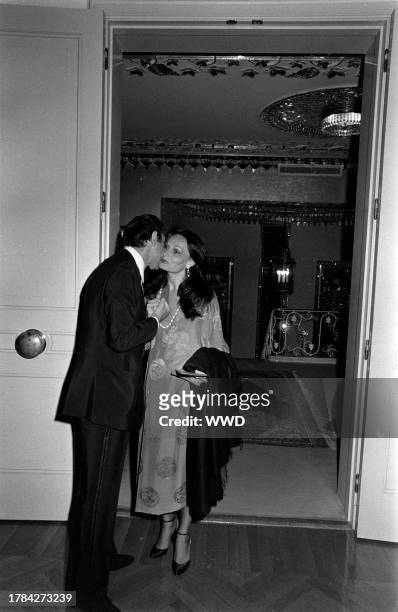 Ardeshir Zahedi and Diane von Furstenberg attend a party at the Iranian Embassy in Washington, D.C., on May 11, 1977.