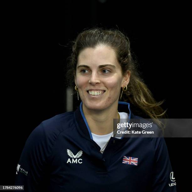 Maia Lumsden in training prior to the Billie Jean King Cup Play-Off match between Great Britain and Sweden at Copper Box Arena on November 09, 2023...