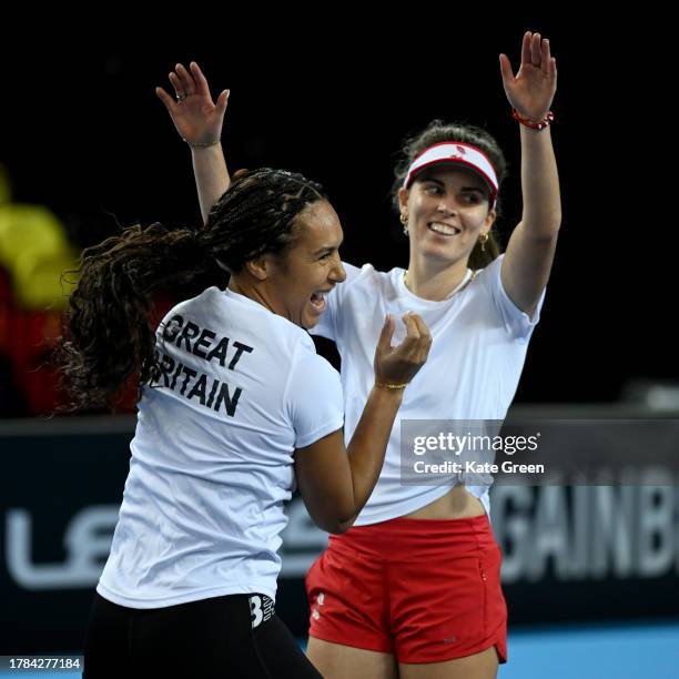 Heather Watson and Maia Lumsden in training prior to the Billie Jean King Cup Play-Off match between Great Britain and Sweden at Copper Box Arena on...