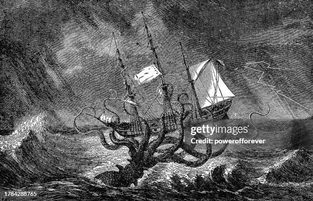 der kraken aus der sicht der vorstellungskraft von edward etherington - 19. jahrhundert - riesenkalmar stock-grafiken, -clipart, -cartoons und -symbole