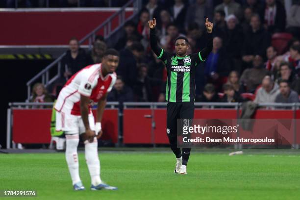 Ansu Fati of Brighton & Hove Albion celebrates after scoring the team's first goal during the UEFA Europa League 2023/24 match between AFC Ajax and...