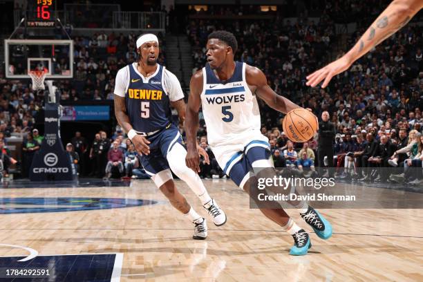 Anthony Edwards of the Minnesota Timberwolves drives to the basket during the game against the Denver Nuggets on November 1, 2023 at Target Center in...
