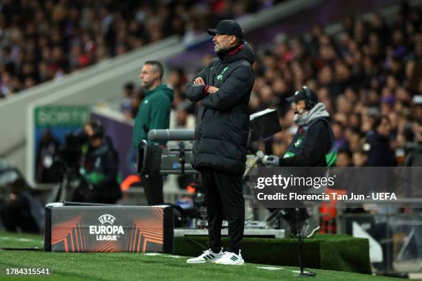 Juergen Klopp, Manager of Liverpool, looks on during the UEFA Europa League 2023/24 match between Toulouse FC and Liverpool FC at Stadium de Toulouse...