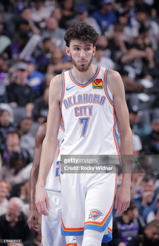 Chet Chet Holmgren of the Oklahoma City Thunder looks on during the game ...
