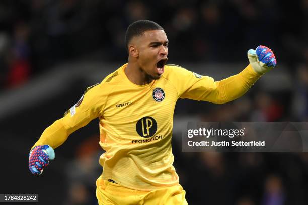 Guillaume Restes of Toulouse celebrates after his teammate Aron Donnum scored the team's first goal during the UEFA Europa League 2023/24 match...