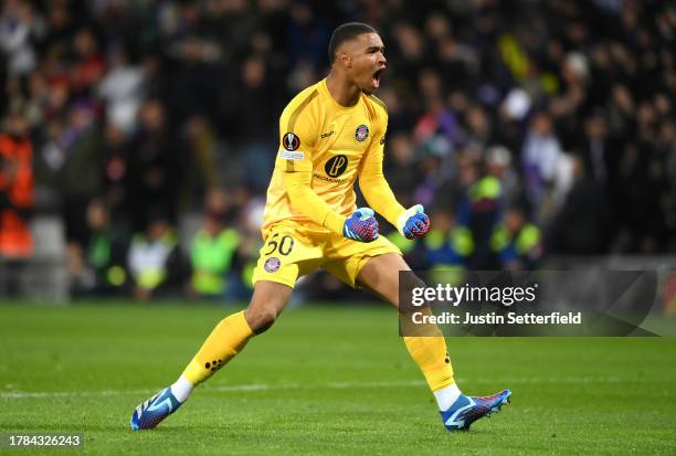 Guillaume Restes of Toulouse celebrates after his teammate Aron Donnum scored the team's first goal during the UEFA Europa League 2023/24 match...