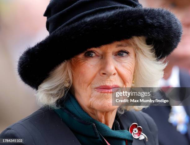 Queen Camilla visits the 95th Field of Remembrance at Westminster Abbey on November 9, 2023 in London, England. The Field of Remembrance has been...