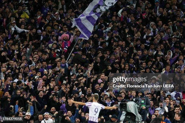 Fans of Toulouse celebrate after Thijs Dallinga of Toulouse scored the teams second goal during the UEFA Europa League 2023/24 match between Toulouse...