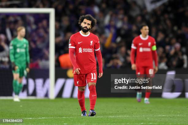 Mohamed Salah of Liverpool looks dejected after the team conceded their second goal during the UEFA Europa League 2023/24 match between Toulouse FC...
