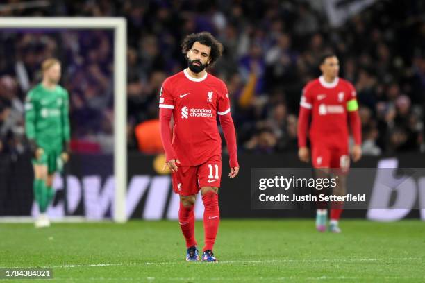 Mohamed Salah of Liverpool looks dejected after the team conceded their second goal during the UEFA Europa League 2023/24 match between Toulouse FC...