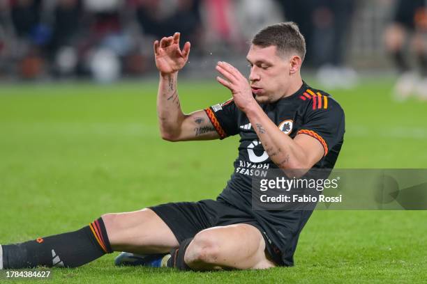 Andrea Belotti of AS Roma reacts during the UEFA Europa League match Group G between SK Slavia Praha and AS Roma at Eden Arena on November 09, 2023...