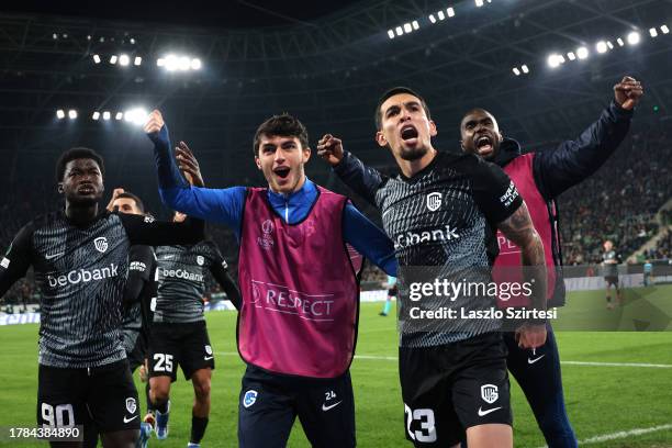 Daniel Munoz of KRC Genk celebrates with teammates Christopher Bonsu Baah , Luca Oyen and Alieu Fadera after scoring the team's first goal during the...