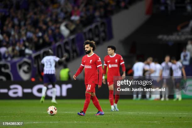 Mohamed Salah of Liverpool looks dejected after conceding the team's third goal during the UEFA Europa League 2023/24 match between Toulouse FC and...