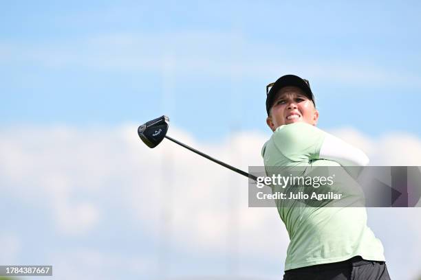 Nanna Koerstz Madsen of Denmark plays her shot from the eighth tee during the first round of The ANNIKA driven by Gainbridge at Pelican at Pelican...