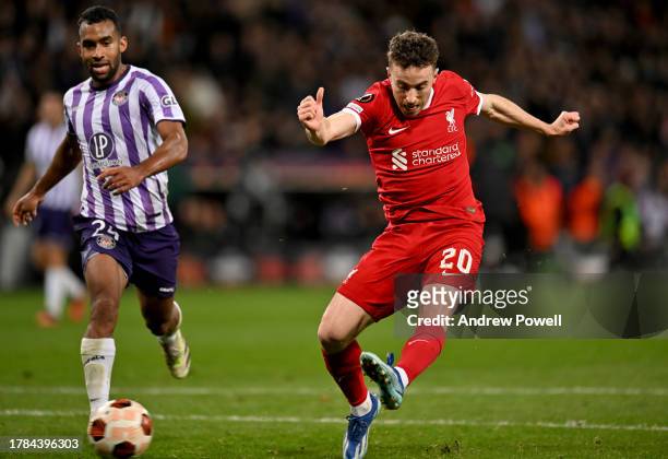 Diogo Jota of Liverpool scoring the second goal making the score 3-2 during the UEFA Europa League match between Toulouse FC and Liverpool FC at...