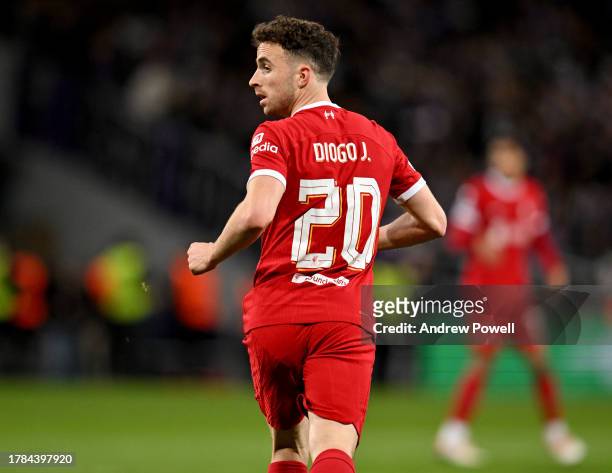 Diogo Jota of Liverpool celebrates after scoring the second goal during the UEFA Europa League match between Toulouse FC and Liverpool FC at Stadium...