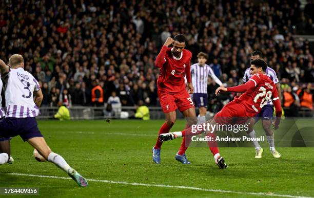Jarell Quansah of Liverpool scoring the third goal making the score 3-3 but later disallowed during the UEFA Europa League match between Toulouse FC...