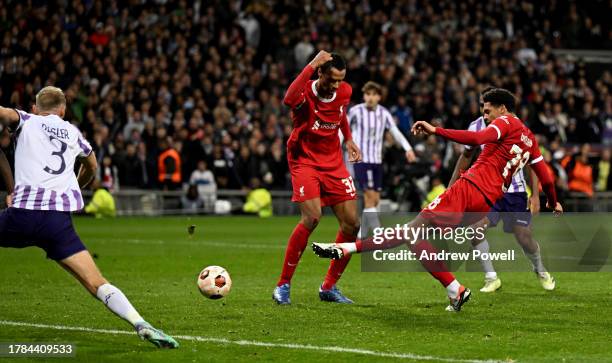 Jarell Quansah of Liverpool scoring the third goal making the score 3-3 but later disallowed during the UEFA Europa League match between Toulouse FC...