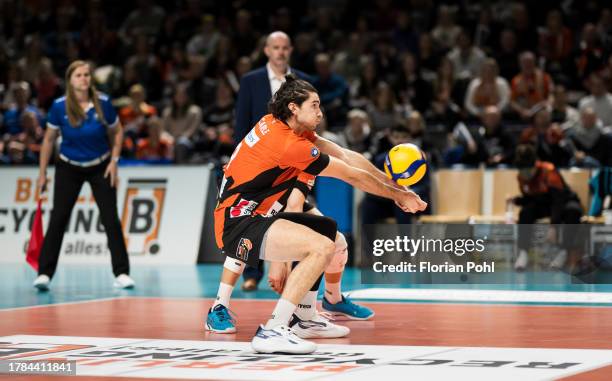 Timothee Carle of the BR Volleys in action during the Volleyball Bundesliga match between BR Volleys and VC Bitterfeld-Wolfen on November 15, 2023 in...