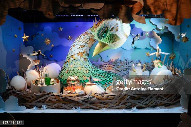 Close-up at a window shop during the 'Noel en Papier, Les voeux sont exauces' Christmas decorations unveiling at Le Printemps on November 09, 2023 in...