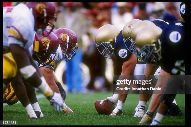 General view of the line of scrimmage during a game between the Southern California Trojans and the Notre Dame Fighting Irish at Notre Dame Stadium...