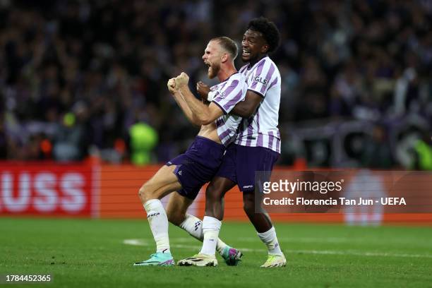 Mikkel Desler and Warren Kamanzi of Toulouse celebrate a disallowed goal for Liverpool during the UEFA Europa League 2023/24 match between Toulouse...