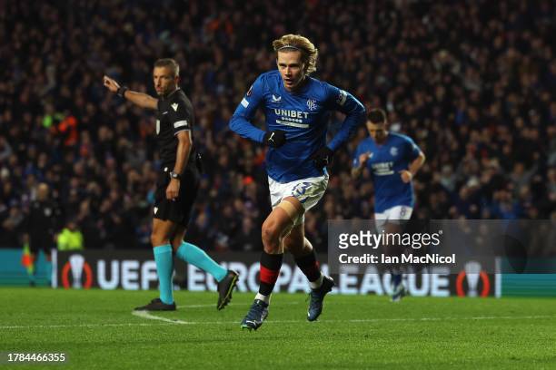 Todd Cantwell of Rangers celebrates after scoring the team's second goal during the UEFA Europa League 2023/24 match between Rangers FC and AC Sparta...