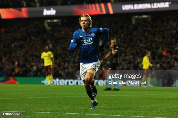 Todd Cantwell of Rangers celebrates after scoring the team's second goal during the UEFA Europa League 2023/24 match between Rangers FC and AC Sparta...