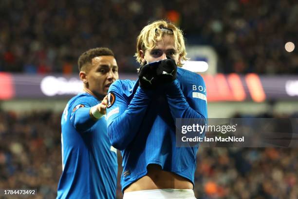 Todd Cantwell of Rangers celebrates after scoring the team's second goal during the UEFA Europa League 2023/24 match between Rangers FC and AC Sparta...