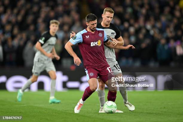 Clement Lenglet of Aston Villa is challenged by Dani de Wit of AZ Alkmaar during the UEFA Europa Conference League 2023/24 group stage match between...