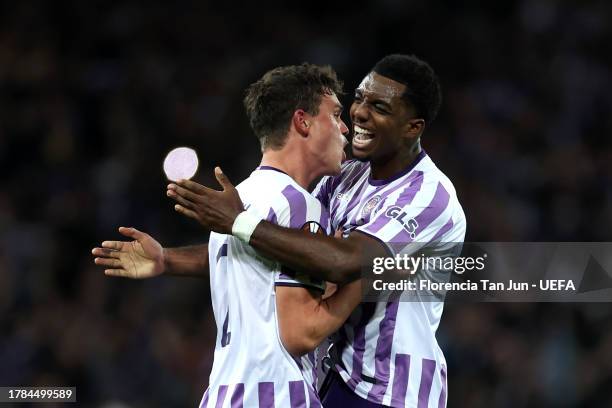 Rasmus Nicolaisen of Toulouse and Logan Costa of Toulouse celebrate a disallowed goal for Liverpool during the UEFA Europa League 2023/24 match...