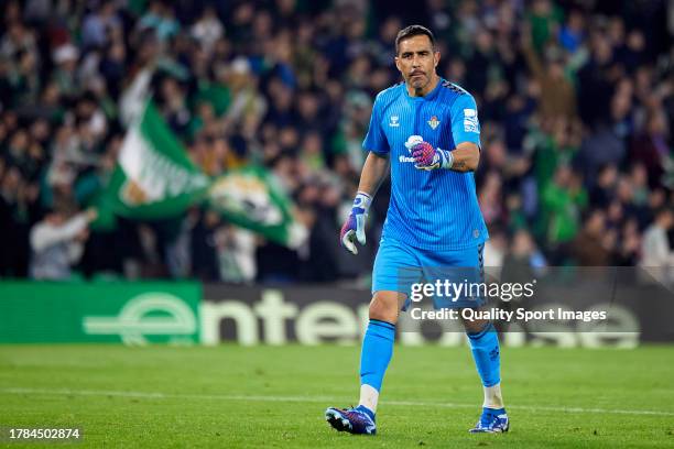 Claudio Bravo of Real Betis celebrates after the first goal of his team scored by Borja Iglesias of Real Betis during the UEFA Europa League Group C...