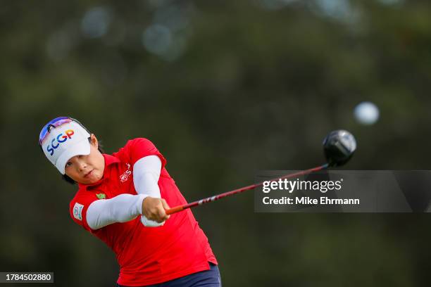 Moriya Jutanugarn of Thailand plays her shot from the 14th tee during the first round of The ANNIKA driven by Gainbridge at Pelican at Pelican Golf...