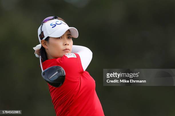Moriya Jutanugarn of Thailand plays her shot from the 14th tee during the first round of The ANNIKA driven by Gainbridge at Pelican at Pelican Golf...