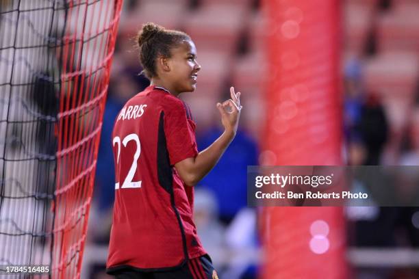 Nikita Parris of Manchester United celebrates after scoring the team's fifth goal and her hat-trick during the FA Women's Continental Tyres League...