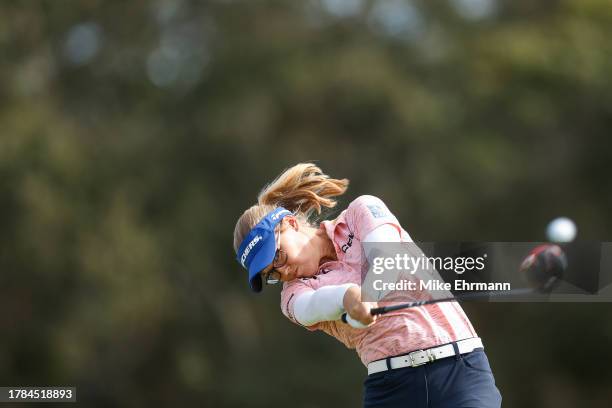 Brooke M. Henderson of Canada plays her shot from the 14th tee during the first round of The ANNIKA driven by Gainbridge at Pelican at Pelican Golf...