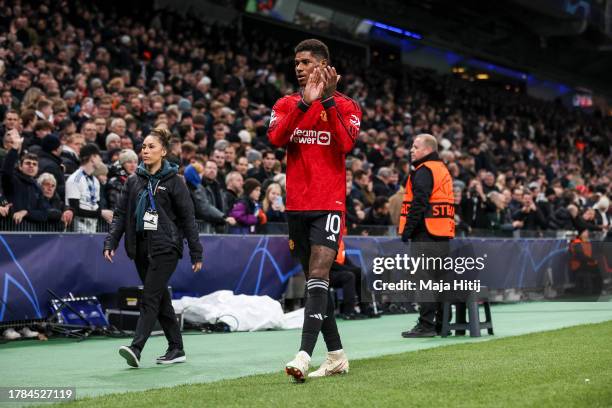 Marcus Rashford of Manchester United looks dejected as he leaves after being shown a red card during the UEFA Champions League match between F.C....