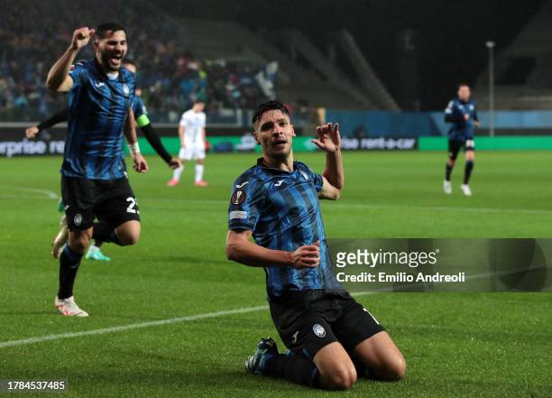 Berat Djimsiti of Atalanta BC celebrates after scoring the team's first goal during the UEFA Europa League 2023/24 match between Atalanta BC and SK...
