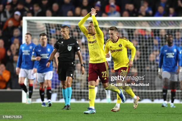 Lukas Haraslin of AC Sparta Praha celebrates after scoring the team's first goal during the UEFA Europa League 2023/24 match between Rangers FC and...