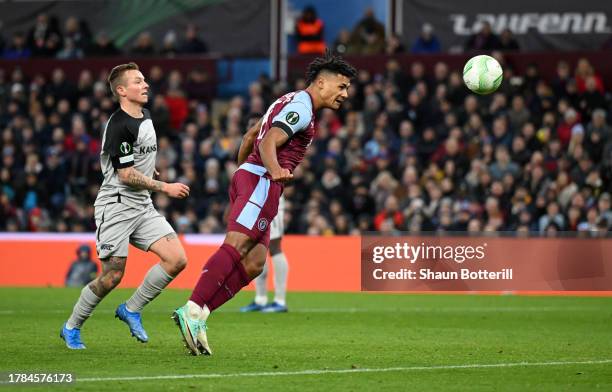 Ollie Watkins of Aston Villa scores the team's second goal during the UEFA Europa Conference League 2023/24 group stage match between Aston Villa FC...