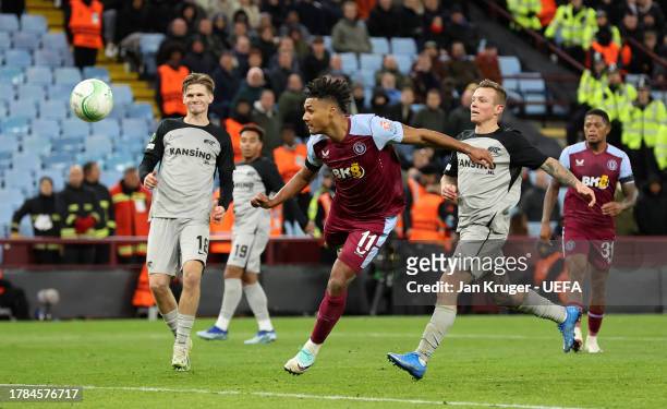 Ollie Watkins of Aston Villa scores the team's second goal during the UEFA Europa Conference League 2023/24 group stage match between Aston Villa FC...