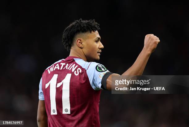 Ollie Watkins of Aston Villa celebrates after scoring the team's second goal during the UEFA Europa Conference League 2023/24 group stage match...