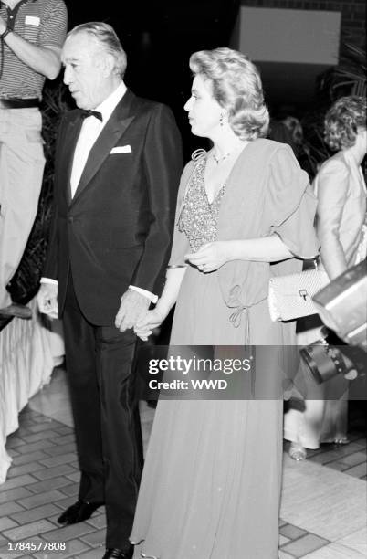 Anthony Quinn and Jolanda Addolori attend a movie premiere, part of the USA Film Festival, in Dallas, Texas, on March 27, 1981.