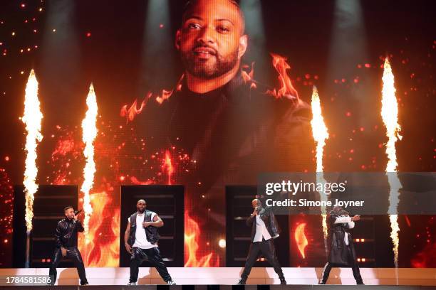 Aston Merrygold, Oritsé Williams, Marvin Humes and JB Gill of JLS perform live on stage at The O2 Arena on November 09, 2023 in London, England.